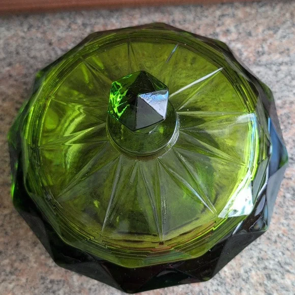 Vintage Viking Glass Emerald Green Diamond Point Candy Dish Compote - Picture 4 of 11